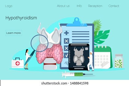 Hypothyroidism concept vector. Tiny doctors diagnose and treat human thyroid gland. Specialists make x ray or ultrasound scan. Medicine landing page template for website, app, banner.