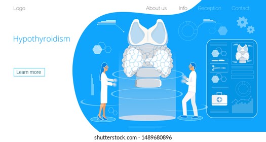 Hypothyroidism hologram concept vector. Endocrinologists diagnose and treat human thyroid gland in space ship. Medicine landing page template for website, app, banner.
