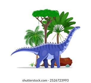 Hypselosaurus prehistoric dinosaur cartoon character from the Late Cretaceous period. Isolated vector ancient herbivore reptile animal at the lush tropical landscape with palm trees, log and rock