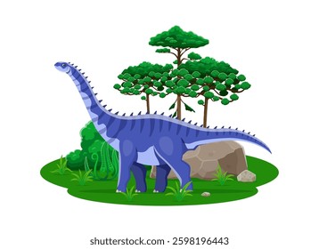 Hypselosaurus prehistoric dinosaur character, genus of titanosaurian sauropod dino that lived during the Late Cretaceous period. Isolated cartoon vector reptile animal at lush landscape with trees