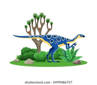 Hypsilophodon cartoon prehistoric dinosaur character. Isolated vector ancient herbivore Ornithopod reptile animal in natural environment with rock, tree and plants. Cretaceous paleontology era lizard