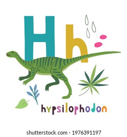 Hypsilophodon. Cute cartoon hand drawn illustration with dinosaur and H letter. Vector illustration