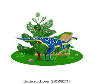 Hypsilophodon prehistoric dinosaur character with blue spots. Isolated cartoon vector genus of small ornithopod dino from the early cretaceous. Ancient herbivore reptile animal stands among ferns