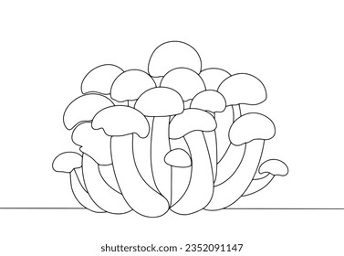 Hypsizygus tessulatus. A variety of delicacy oyster mushrooms that grow mainly in eastern Asia. European Mushroom Day. One line drawing for different uses. Vector illustration.