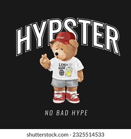 hypster slogan with cool bear in graphic tee vector illustration on black background