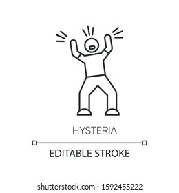 Hysteria linear icon. Person screaming. Man shouting. Rage and frustration. Irritability. Mental disorder. Thin line illustration. Contour symbol. Vector isolated outline drawing. Editable stroke