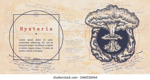 Hysteria. Psychological vector illustration. Brain and atomic explosion. Psychotherapy and psychiatry. Medieval medicine manuscript 