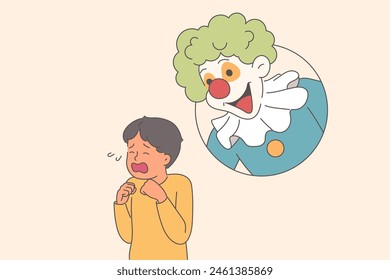 Hysterical behavior of little boy, seeing clown and frightened due to coulrophobia caused by psychological trauma. Problem of coulrophobia in crying child who needs help of psychotherapist