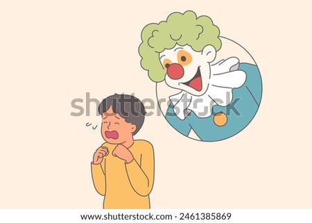 Hysterical behavior of little boy, seeing clown and frightened due to coulrophobia caused by psychological trauma. Problem of coulrophobia in crying child who needs help of psychotherapist