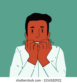 Hysterical guy looking in despair and panic, nervous, worried, hands near mouth, bites his nails, conception of panic. Flat vector illustration