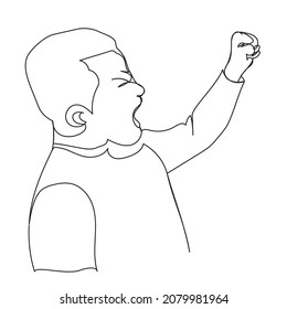 Hysterically screaming boy drawn in continuous line on a white background. Stock illustration with an outline of a protester guy on a street protest. Vector stock image with emotion of anger.