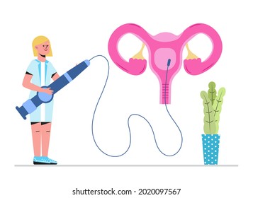 Hysteroscopy Of Uterus, Womb Concept Vector. Ultrasound Scan Of Uterine. Endometriosis, Endometrium Dysfunctionality, Removal Of Polyps Are Shown.  Tiny Doctors Examine Uterus. 