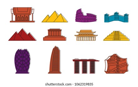 Hystorical bulding icon set. Color outline set of hystorical bulding vector icons for web design isolated on white background