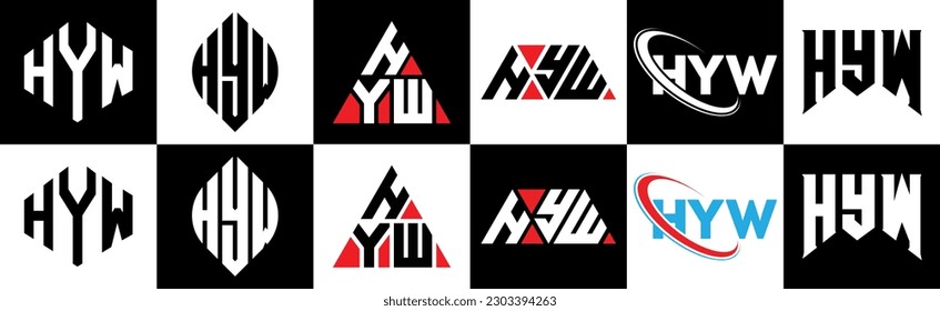 HYW letter logo design in six style. HYW polygon, circle, triangle, hexagon, flat and simple style with black and white color variation letter logo set in one artboard. HYW minimalist and classic logo