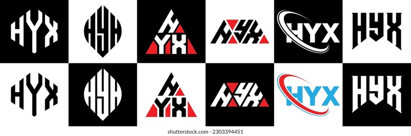 HYX letter logo design in six style. HYX polygon, circle, triangle, hexagon, flat and simple style with black and white color variation letter logo set in one artboard. HYX minimalist and classic logo