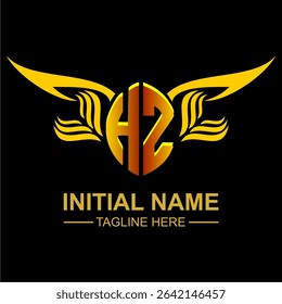 HZ Golden Wing Emblem Logo with elegant gold wings, sleek and modern design. Ideal for branding, creative projects, luxury businesses, or artistic ventures.
