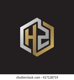 HZ initial letters looping linked hexagon elegant logo golden silver black background