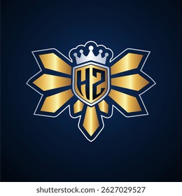HZ initial letters monogram logo for gaming with shield and eagle wing