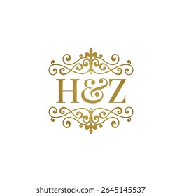 HZ initials logo ornament gold. Letter HZ wedding ampersand or business partner symbol