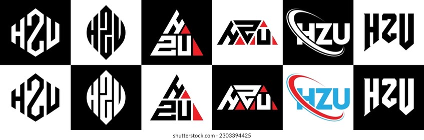 HZU letter logo design in six style. HZU polygon, circle, triangle, hexagon, flat and simple style with black and white color variation letter logo set in one artboard. HZU minimalist and classic logo