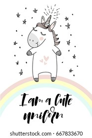 "I am a cute unicorn" typography and unicorn on the rainbow illustration vector.
