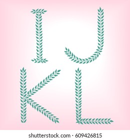 I, G, K, L. Alfabeto verde vector conjunto de letras ecológicas logotipo con hojas