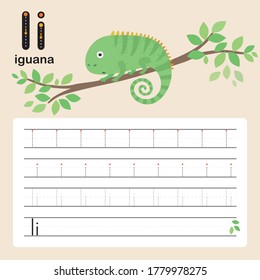 I, iguana, Alphabet tracing worksheet for preschool and kindergarten to improve basic writing skills, vector, illustration 