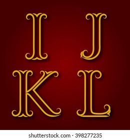 I, J, K, L golden vintage letters with shadow. Letters of lines with flourishes. Font in royal style.