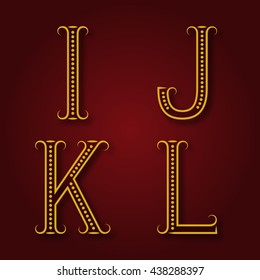 I, J, K, L golden letters with shadow. Font of dots and lines with flourishes. Type in art deco style.