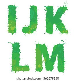 I, J, K, L, M, Handdrawn english alphabet - letters are made of green watercolor, ink splatter, paint splash font. Isolated on white background.