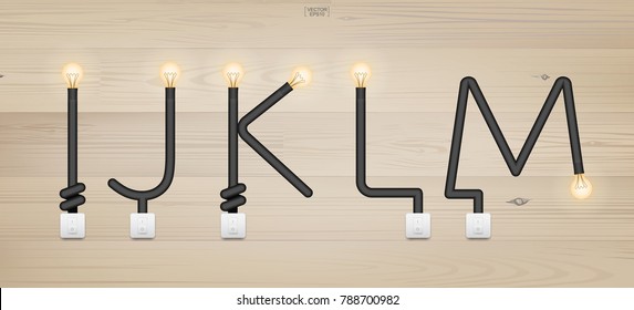 I, J, K, L, M - Set of stylized alphabet letters. Abstract alphabet of light bulb and light switch on wood background. Vector illustration.