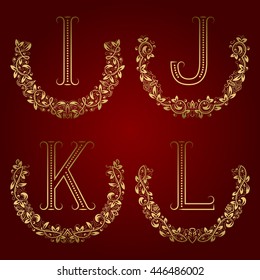 I, J, K, L vintage monograms in floral wreaths. Set of golden letters in laurels.