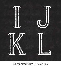 I, J, K, L white letters of shabby paint on a black marble surface. Outline font with cracks. Type in grunge style.