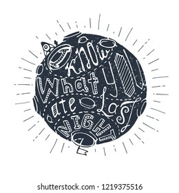 "I know what you ate last night" quote. Hand-drawn retro illustration with moon, rays, astronaut and spaceship. Idea of print on t-shirt, badge, sticker or poster. Isolated on background.