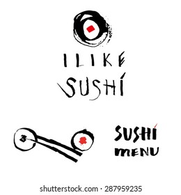 "Me gusta el sushi" y "menú de sushi " - signos de Vector dibujados a mano