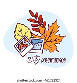 "I love autumn" color vector illustration with leaves and photos.