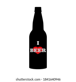 "I love beer" slogan on beer bottle with red heart. For t-shirt and beer glassware design, poster, sticker, packaging, print, web and other use. Black silhouette. Isolated vector illustration, icon.