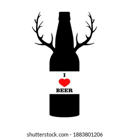 "I love beer" slogan on beer bottle with red heart and deer horns. Black silhouette. For t-shirt and beer glassware design, poster, packaging, print, web and other. Isolated vector illustration, icon.