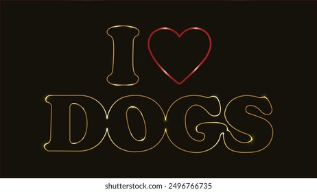 A "I Love Dogs" message. Lettering quote. Isolated on black background. I love my pet. Doodle style. Symbolic inscription. Typography. Greeting card, t shirt, print, stickers, posters design. Gold.
