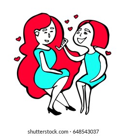 "I love my sister" illustration. Simple stylized characters. Doodle. Cartoons.Two sisters. Girl comps sister's hair. Happiness 