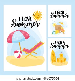 "I Love Summer" card set. Card, sticker or poster for printing. Happy vacation. Illustration with hand written text. Bright illustration with different elements of summer. 