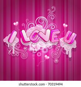 "I love you" decorated text on background with scrolls, bubbles and balloons