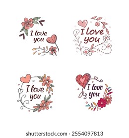 "I Love You" floral typography with heart decoration, vector artwork for micro stock.