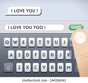 "I love you" incoming SMS message and "I love you too!" reply SMS with human finger over Send button. Idea - Love and new mobile technologies for relationships. Enjoy!