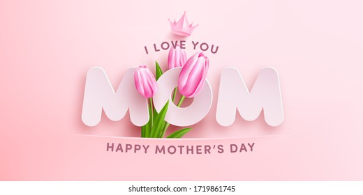 "I Love You MOM" Mother's Day Poster or banner with sweet flower and pink gift box on pink background.Promotion and shopping template or background for Love and Mother's day concept