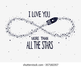 "I love you more than all the stars" with heart and stars for coloring book, shirt design or tattoo, wedding invitations, cards, Valentine's day