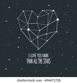 "I love you more than all the stars" with heart and stars for coloring book, shirt design or tattoo, wedding invitations, cards, Valentine's day