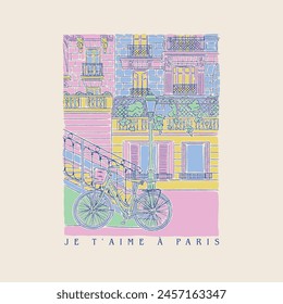 "I LOVE YOU IN PARIS" HAND DRAWN PARIS FRENCH ROMANTIC LANDSCAPE CITY ARCHITECTURE BUILDINGS BIKE BICYCLE URBAN NAIVE TRAVEL DESTINATION VINTAGE TSHIRT TEE PRINT FOR APPAREL MERCHANDISE