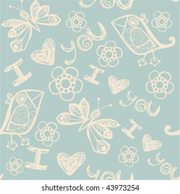 'I love you' seamless pattern with stylized bird, butterfly and flower