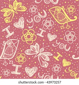 'I love you' seamless pattern with stylized bird, butterfly and flower